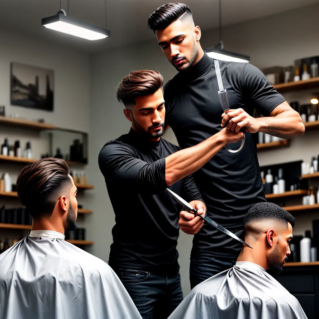 Fotos barbeiro corte moderno cliente satisfeito