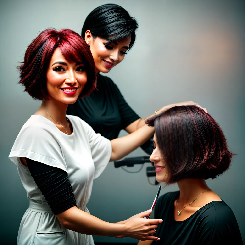 Fotos corte cabelo sorriso mulher estilista
