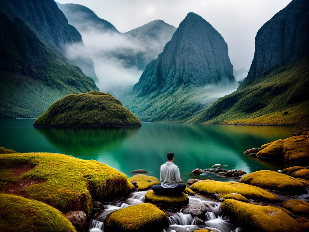 Fotos lago montanhas monge meditacao paz