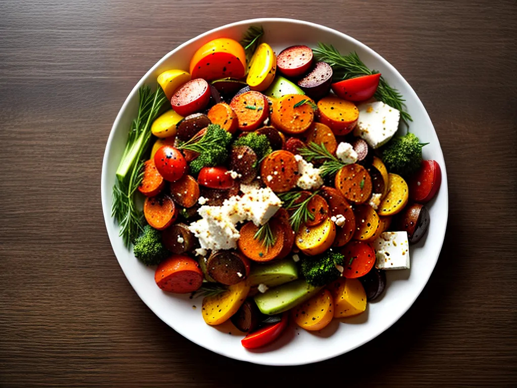 Pratos vegetarianos: opções saudáveis e saborosas para o seu cardápio Fotos legumes assados coloridos feta ervas mesa rustica