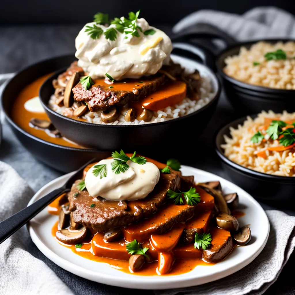 O que é e como preparar um autêntico Strogonoff Russo. 2 Fotos strogonoff russo carne creme arroz