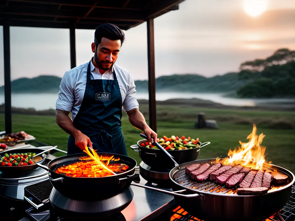 Fotos churrasco suculento chef chamas por do sol