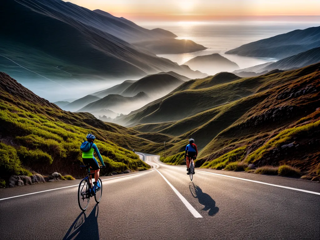 Fotos ciclista pedalando estrada costeira por do sol