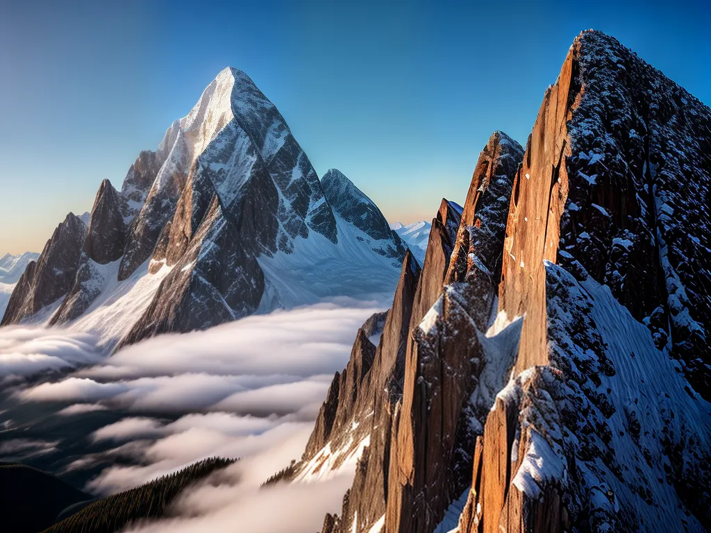 Fotos conquista montanhista pico neve por do sol