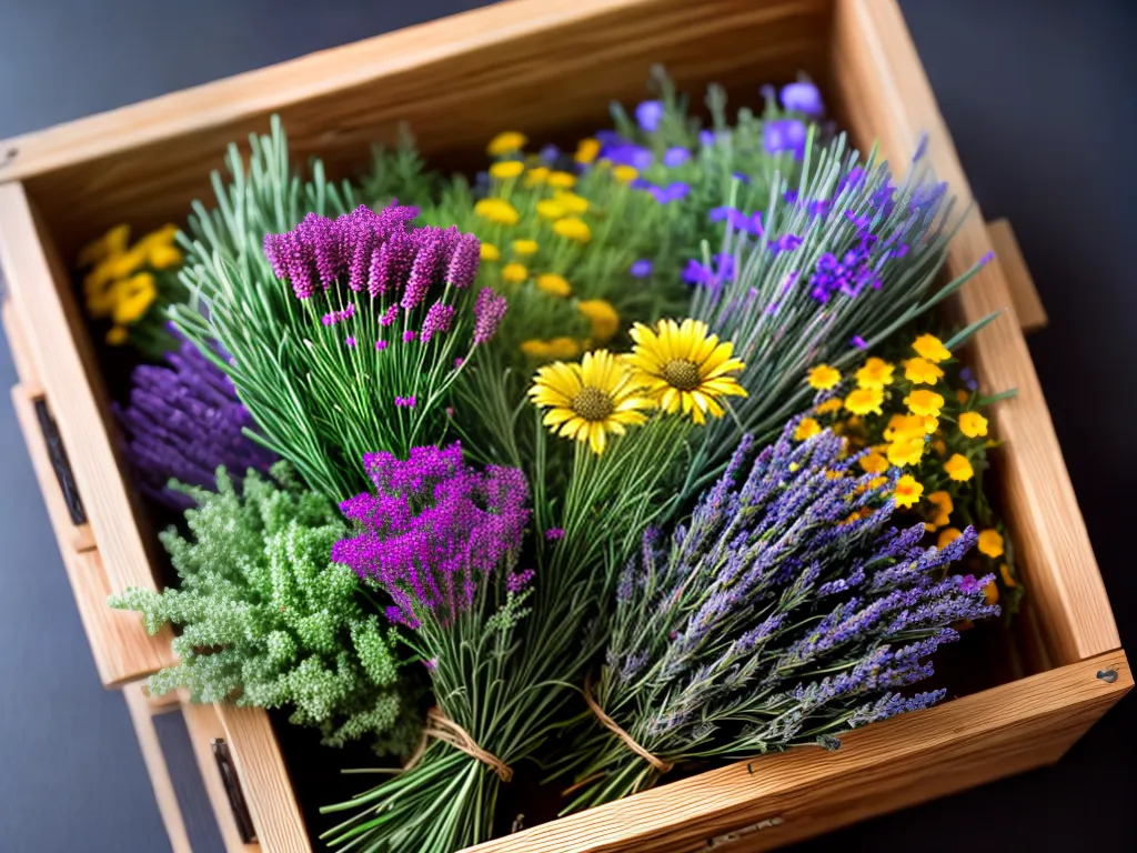 Fotos flores ervas coloridas caixa rustica