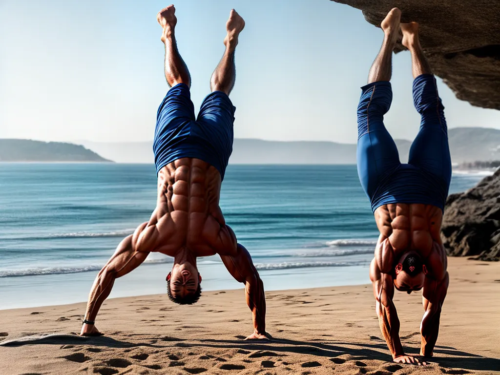 Os benefícios da ginástica para o corpo e mente masculina Fotos homem fortalecido mao areia praia