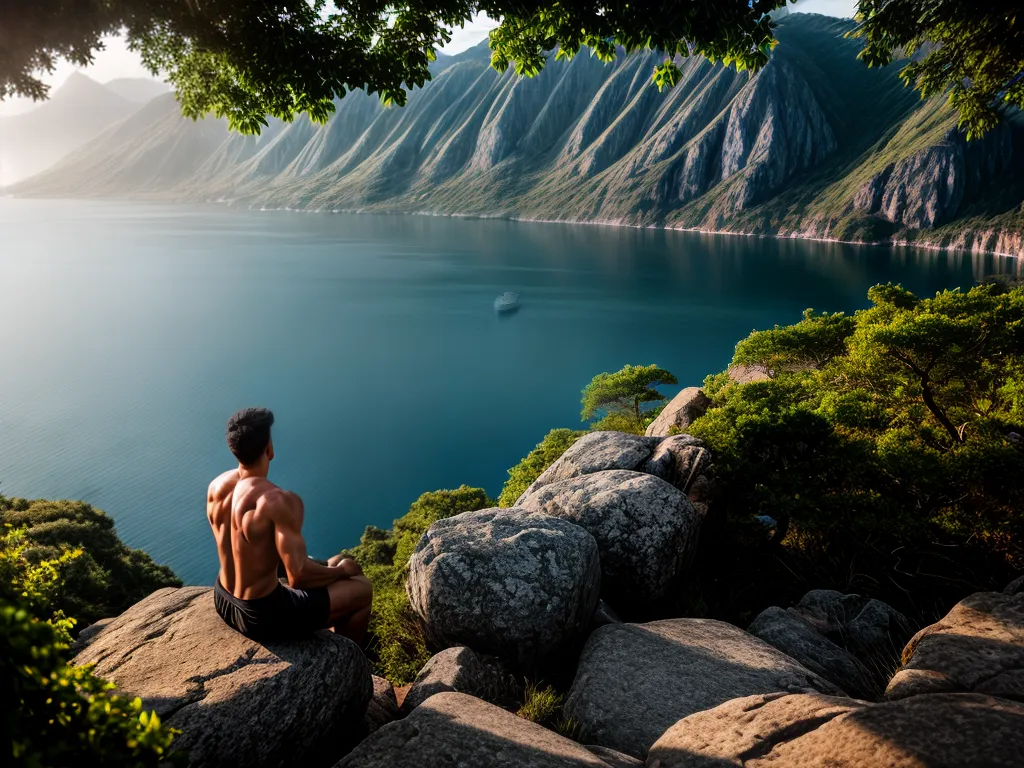 A Importância da Meditação para o Autoconhecimento Masculino 3 Fotos homem meditando cliff lago paz