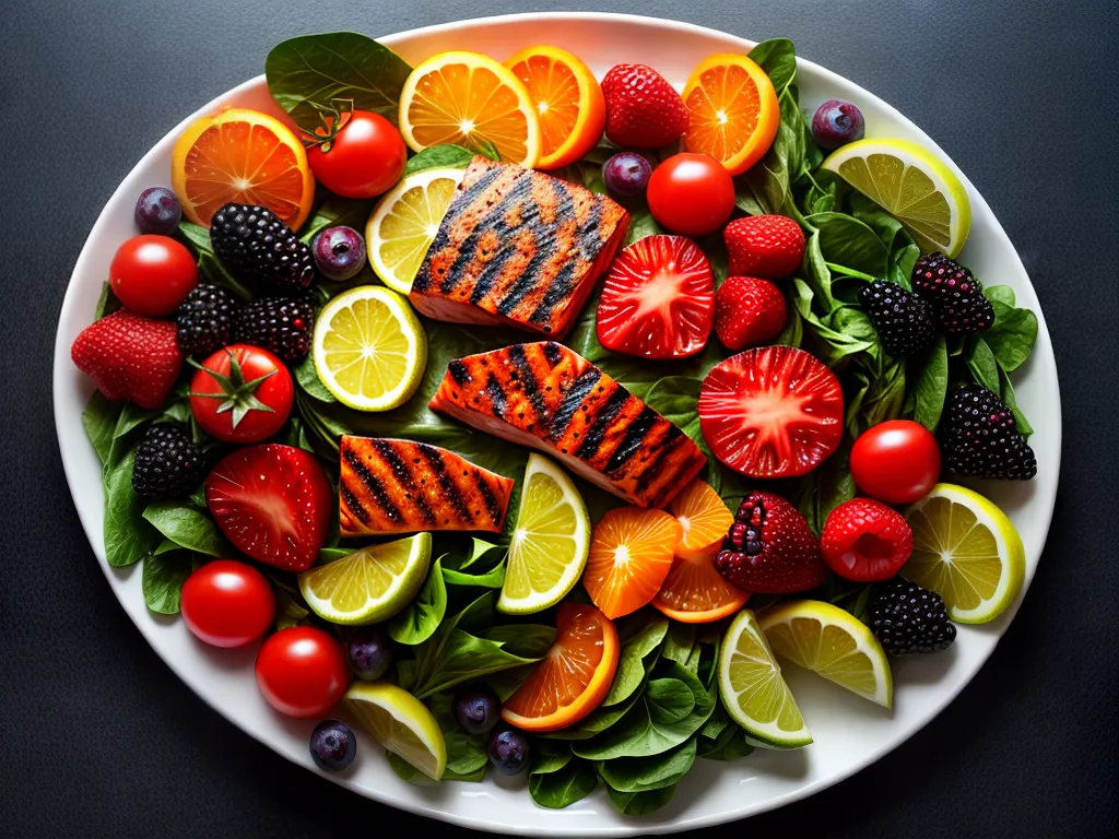Fotos prato colorido frutas verduras salmao