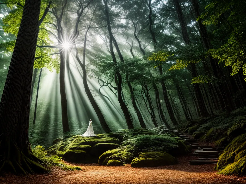 Fotos floresta mistica raios sol meditacao