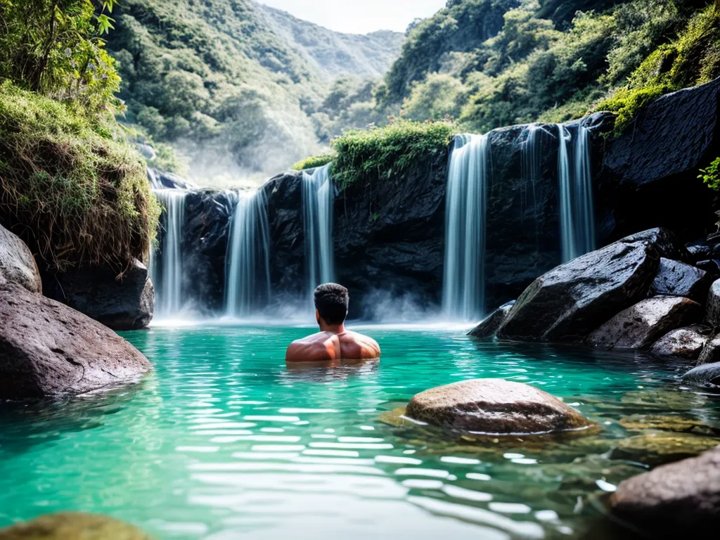 Fotos homem relaxando banho termal natureza